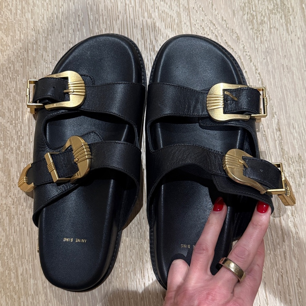 Anine Bing Black Slides with Gold Buckles